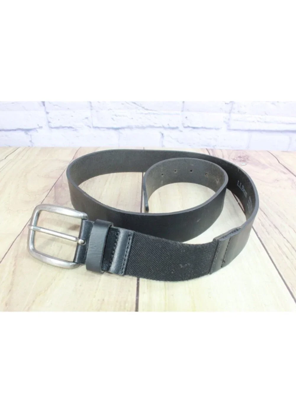 LL Bean Black Leather Stretch Belt Brass Buckle Chinos Casual UK Made Size 38
